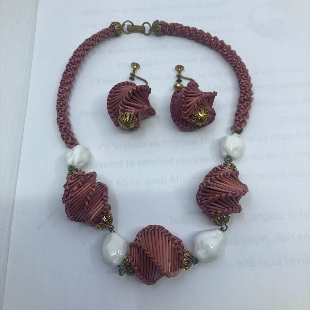 Vtg '40 RARE MIRIAM HASKELL raffia straw milk glass rockabilly necklace set